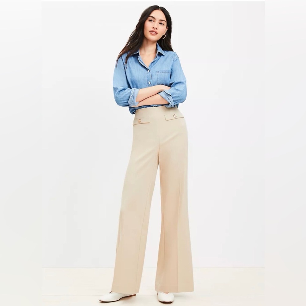 LOFT BUTTON DETAIL SIDE ZIP KHAKI WIDE LEG PANTS PETITE SIZE 2